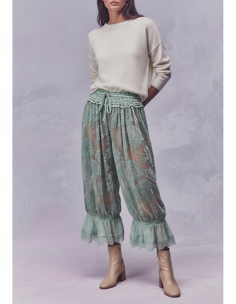 Pantalon Jupe Vert Dentelle Transparente Fluide Bouffant - Polyester