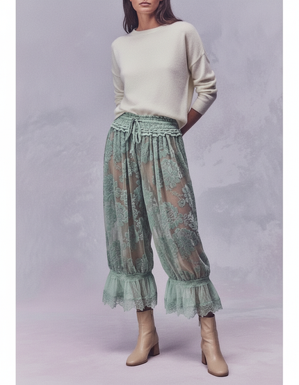 Pantalon Jupe Vert Dentelle Transparente Fluide Bouffant - Polyester