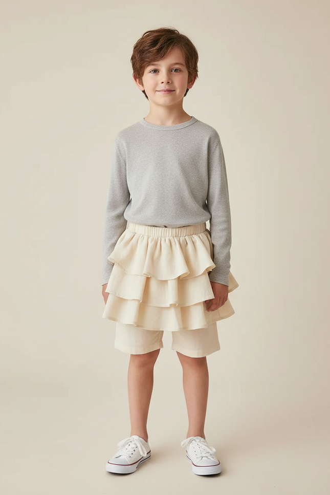 Pantalon Jupe Beige Volants Coton Confortable Enfant