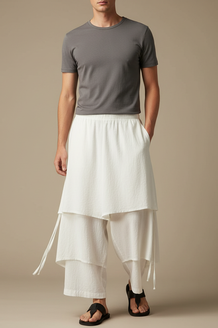 Pantalon Jupe Coton Lin Ample Superposé Homme - Blanc