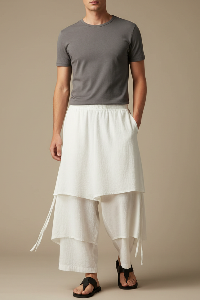 Pantalon Jupe Coton Lin Ample Superposé Homme - Blanc