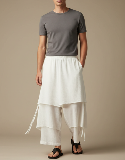 Pantalon Jupe Coton Lin Ample Superposé Homme - Blanc