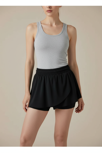 Pantalon Jupe Noir Fluide Superposé Sportif Décontracté - Polyester
