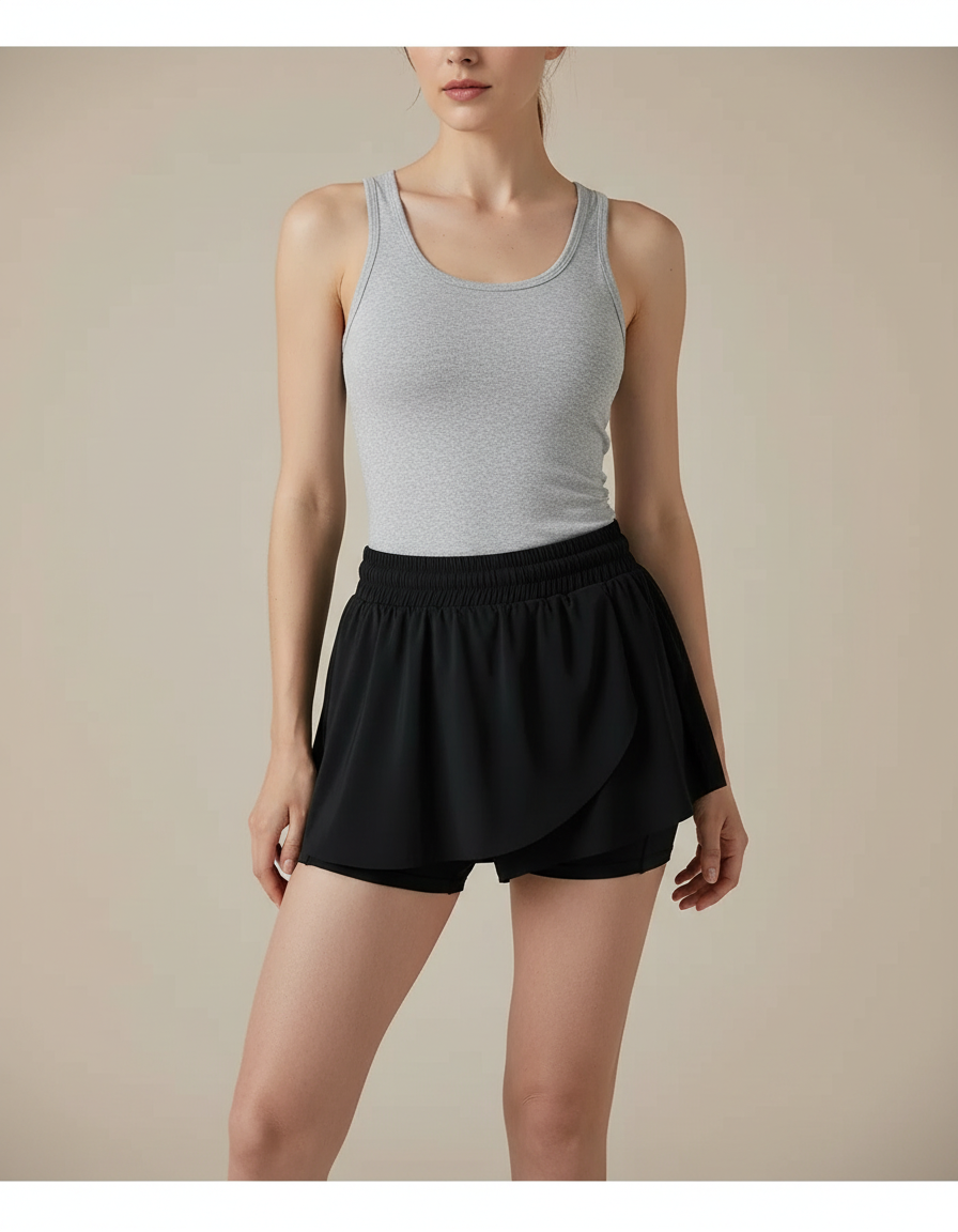 Pantalon Jupe Noir Fluide Superposé Sportif Décontracté - Polyester