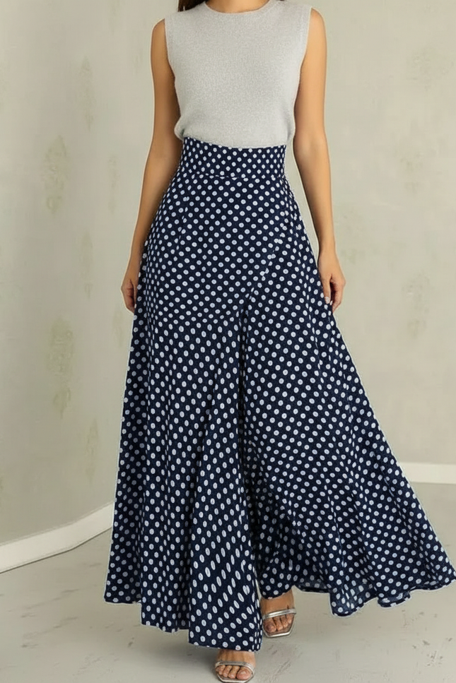 Pantalon Jupe Bleu Pois Maxi Fluide Élégant - Marine Viscose