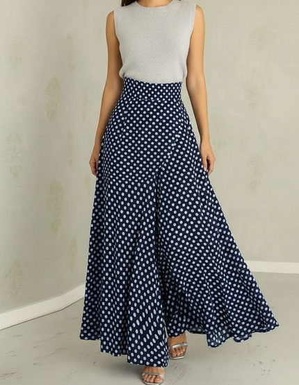 Pantalon Jupe Bleu Pois Maxi Fluide Élégant - Marine Viscose