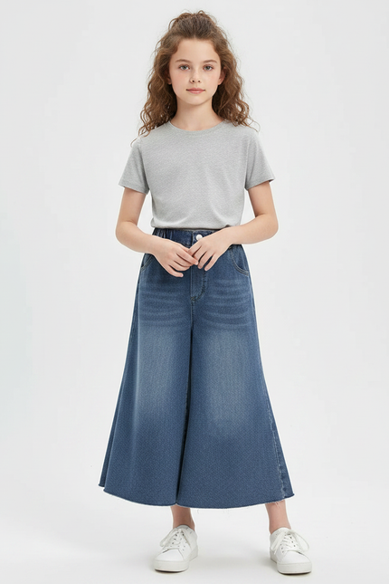 Pantalon Jupe Denim Bleu Ample Évasé Fille - Jean
