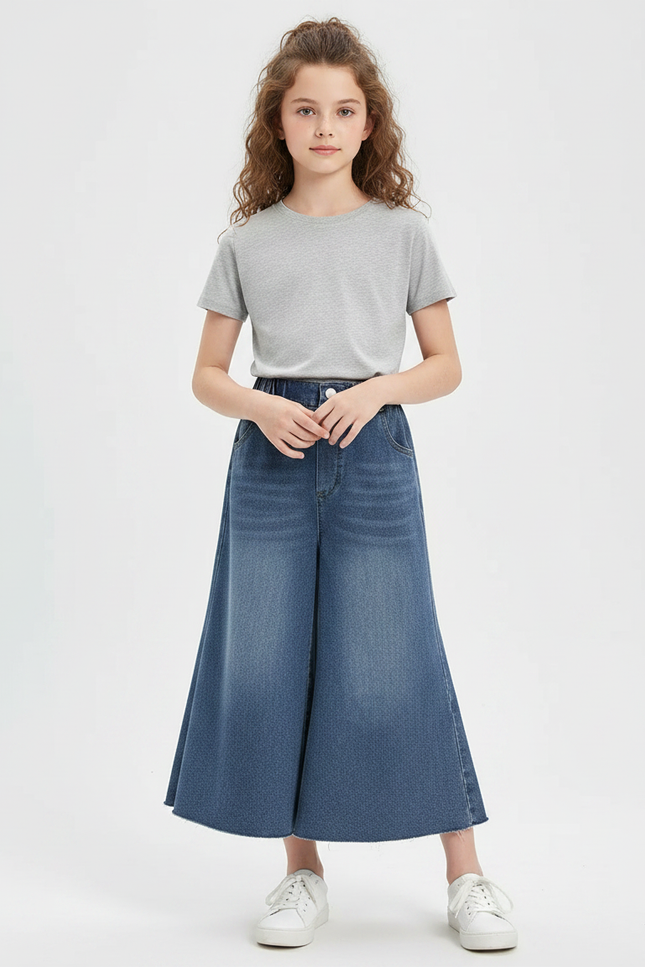 Pantalon Jupe Denim Bleu Ample Évasé Fille - Jean