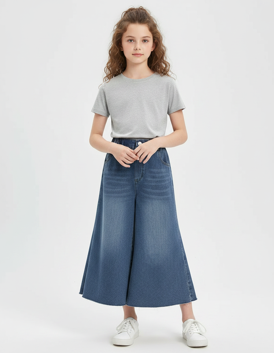 Pantalon Jupe Denim Bleu Ample Évasé Fille - Jean