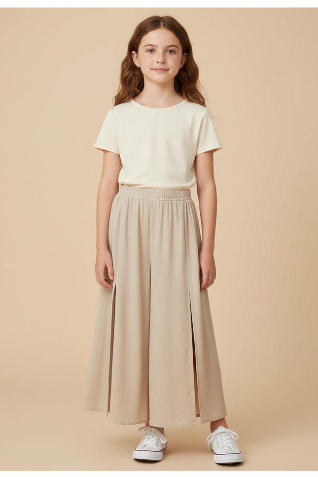 Pantalon Jupe Beige Lin Fendu Ample Décontracté