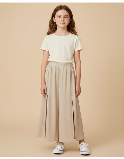 Pantalon Jupe Beige Lin Fendu Ample Décontracté