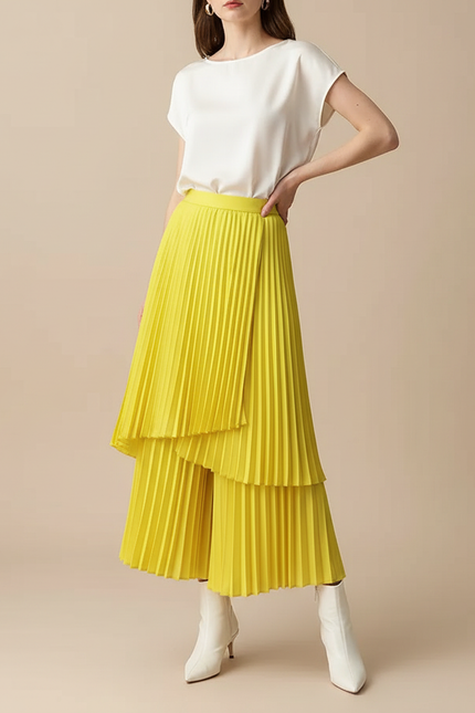Pantalon Jupe Plissé Jaune Évasé Élégant Fluide - Polyester