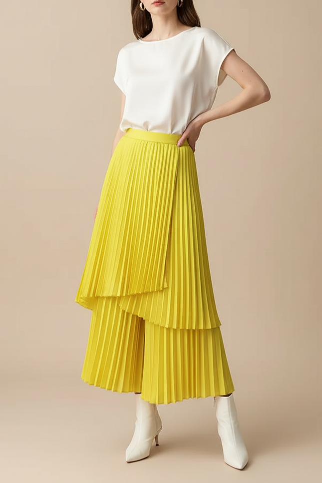 Pantalon Jupe Plissé Jaune Évasé Élégant Fluide - Polyester