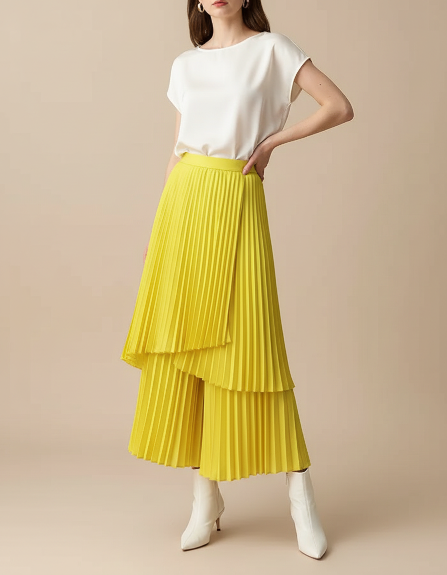 Pantalon Jupe Plissé Jaune Évasé Élégant Fluide - Polyester