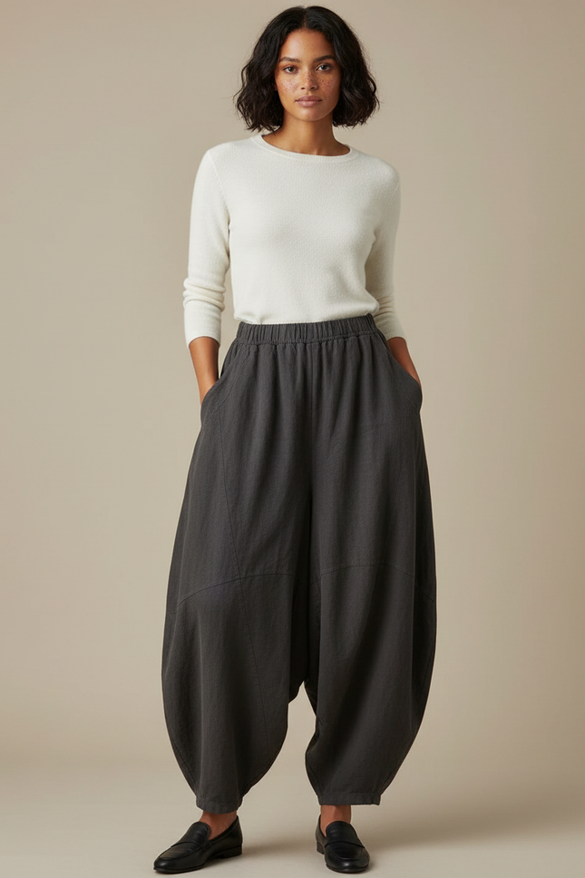 Pantalon Jupe Gris Ample Lin Confortable Élastique