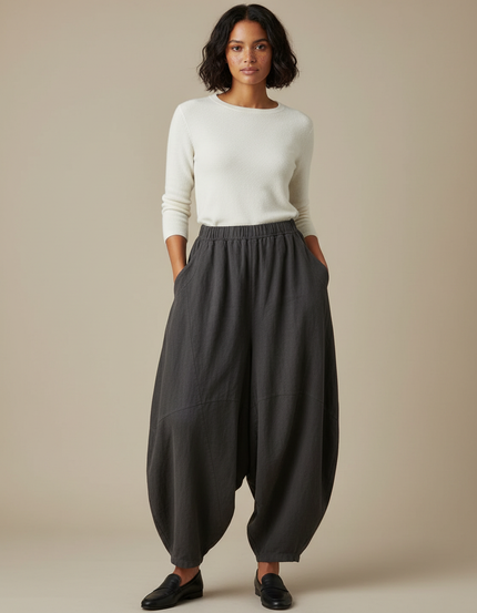 Pantalon Jupe Gris Ample Lin Confortable Élastique