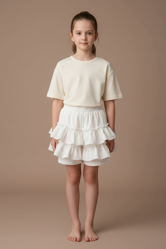 Pantalon Jupe Blanc Volants Superposés Fille Mignon - Coton