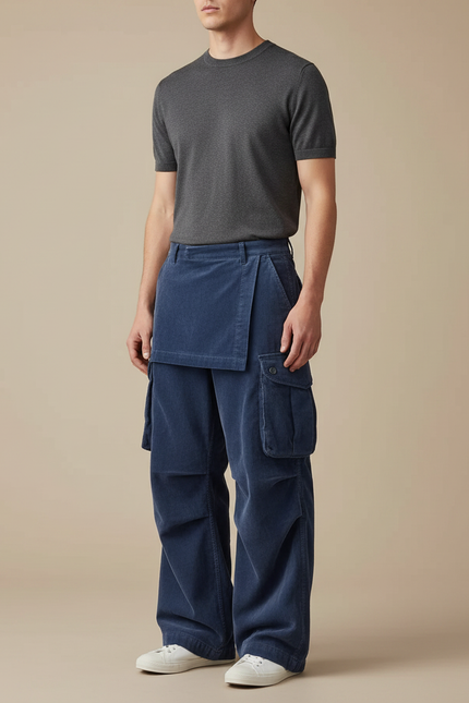 Pantalon Jupe Bleu Cordon Cargo Ample Décontracté - Cordé