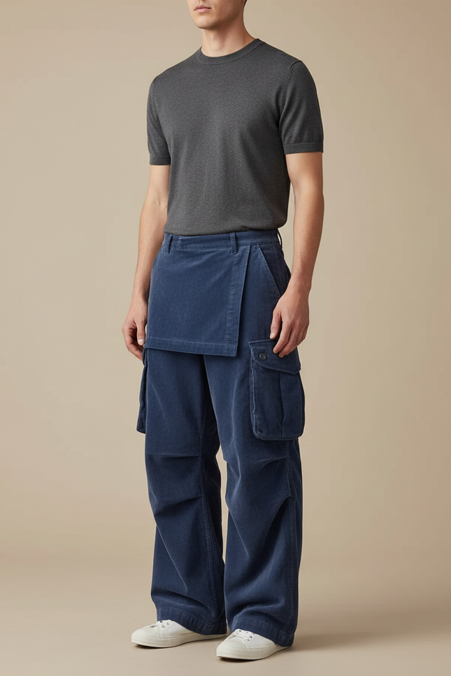 Pantalon Jupe Bleu Cordon Cargo Ample Décontracté - Cordé