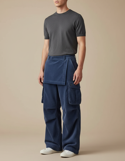 Pantalon Jupe Bleu Cordon Cargo Ample Décontracté - Cordé