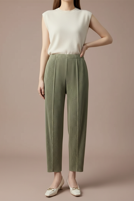 Pantalon Jupe Vert Plissé Ample Décontracté Fluide - Kaki Polyester