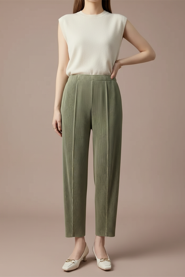 Pantalon Jupe Vert Plissé Ample Décontracté Fluide - Kaki Polyester
