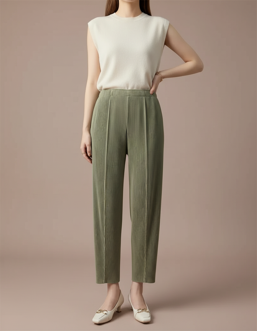 Pantalon Jupe Vert Plissé Ample Décontracté Fluide - Kaki Polyester