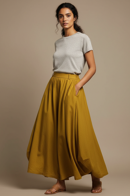 Pantalon Jupe Moutarde Coton Lin Ample Maxi Femme - Jaune