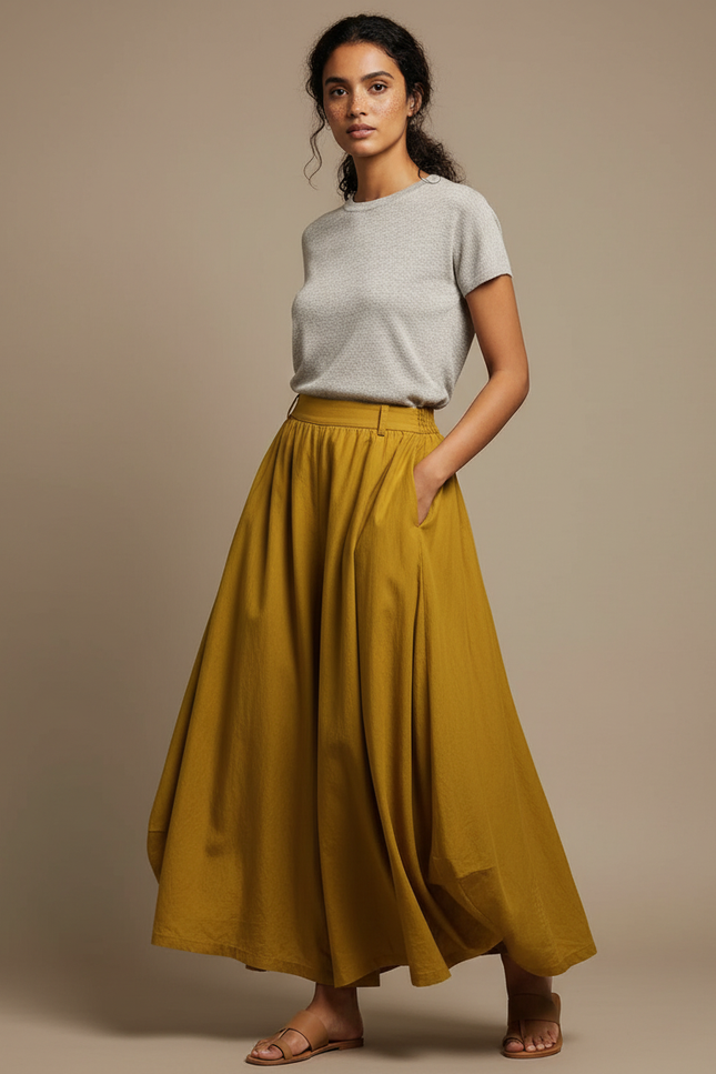 Pantalon Jupe Moutarde Coton Lin Ample Maxi Femme - Jaune