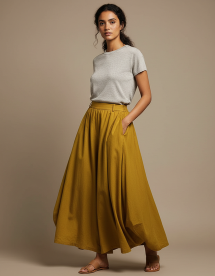 Pantalon Jupe Moutarde Coton Lin Ample Maxi Femme - Jaune