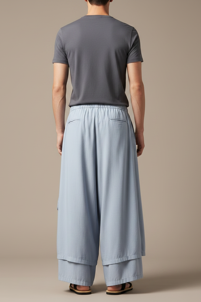 Pantalon Jupe Homme Lin Ample Hanfu Décontracté - Bleu - vue 2