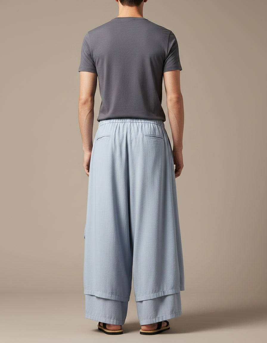 Pantalon Jupe Homme Lin Ample Hanfu Décontracté - Bleu - vue 2