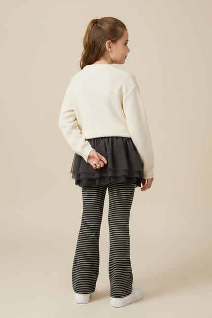 Pantalon Jupe Gris Rayé Tulle Intégré Confortable Fille - Maille - vue 2