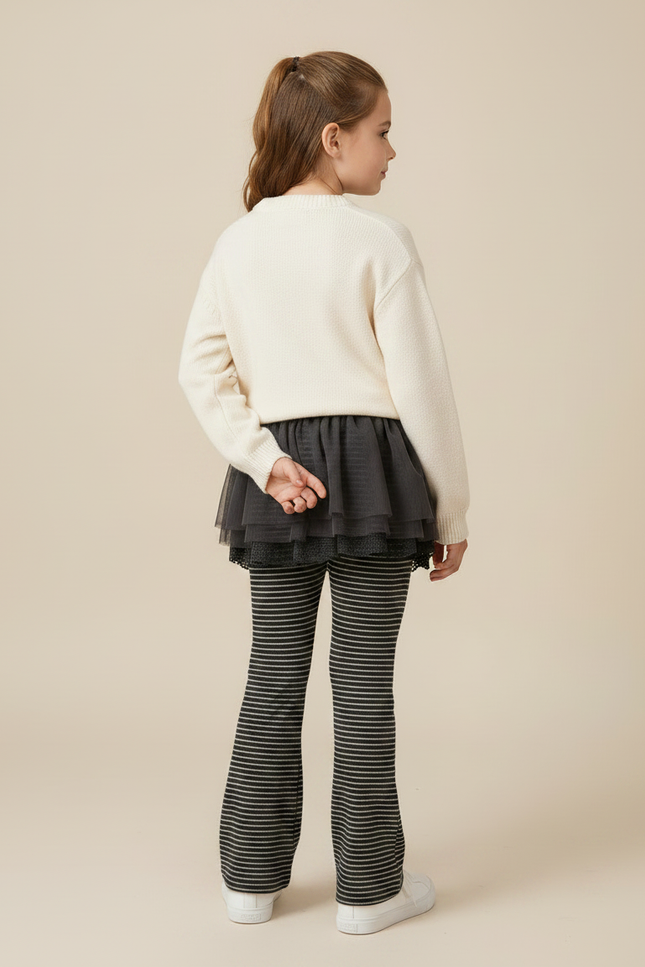 Pantalon Jupe Gris Rayé Tulle Intégré Confortable Fille - Maille - vue 2