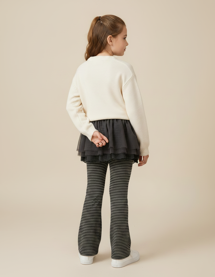 Pantalon Jupe Gris Rayé Tulle Intégré Confortable Fille - Maille - vue 2