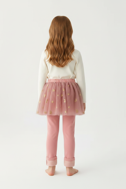 Pantalon Jupe Rose Tulle Cœurs Dorés Intégré Fille - Molleton - vue 2