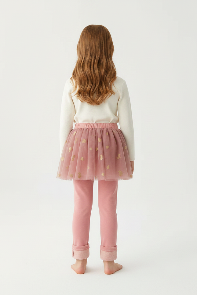 Pantalon Jupe Rose Tulle Cœurs Dorés Intégré Fille - Molleton - vue 2
