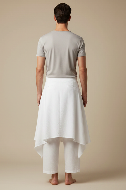 Pantalon Jupe Blanc Coton Ample Asymétrique Homme - vue 2