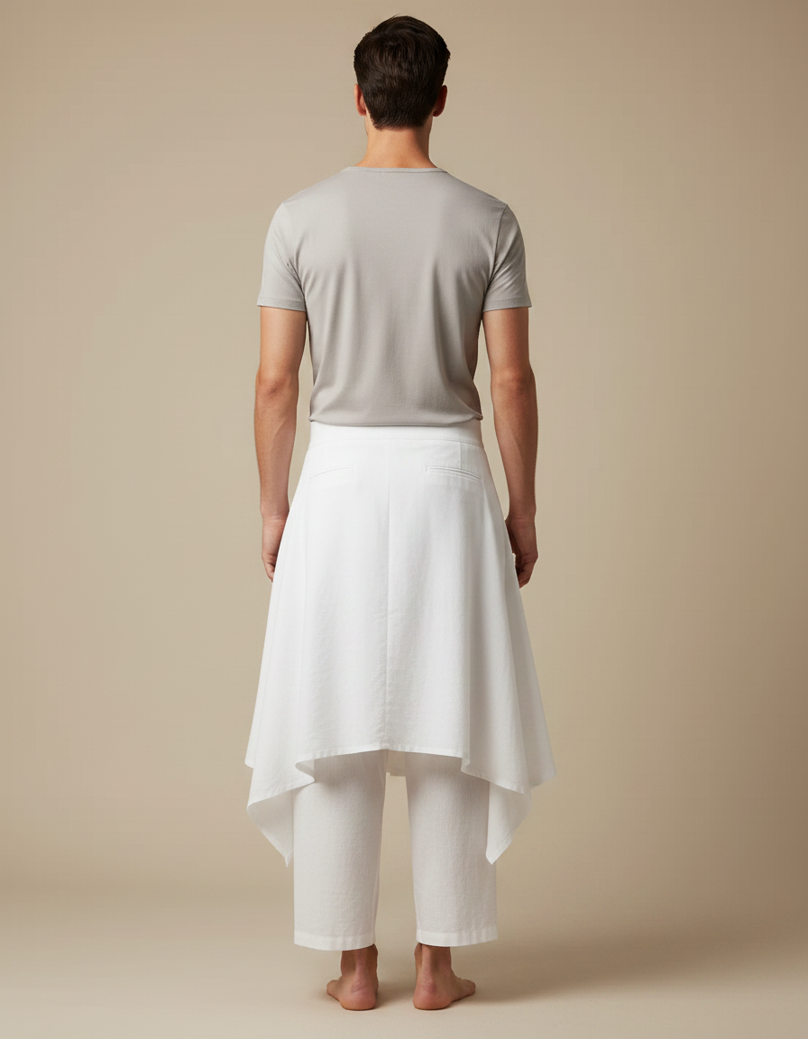 Pantalon Jupe Blanc Coton Ample Asymétrique Homme - vue 2