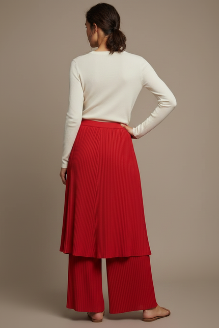 Pantalon Jupe Plissé Rouge Fluide Ample Élégant - Maille - vue 2