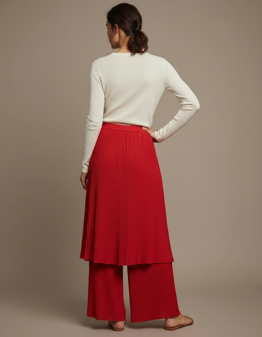 Pantalon Jupe Plissé Rouge Fluide Ample Élégant - Maille - vue 2