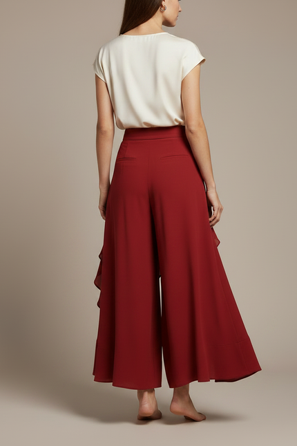Pantalon Jupe Rouge Fluide Volants Ceinturé Élégant - Bordeaux Viscose - vue 2