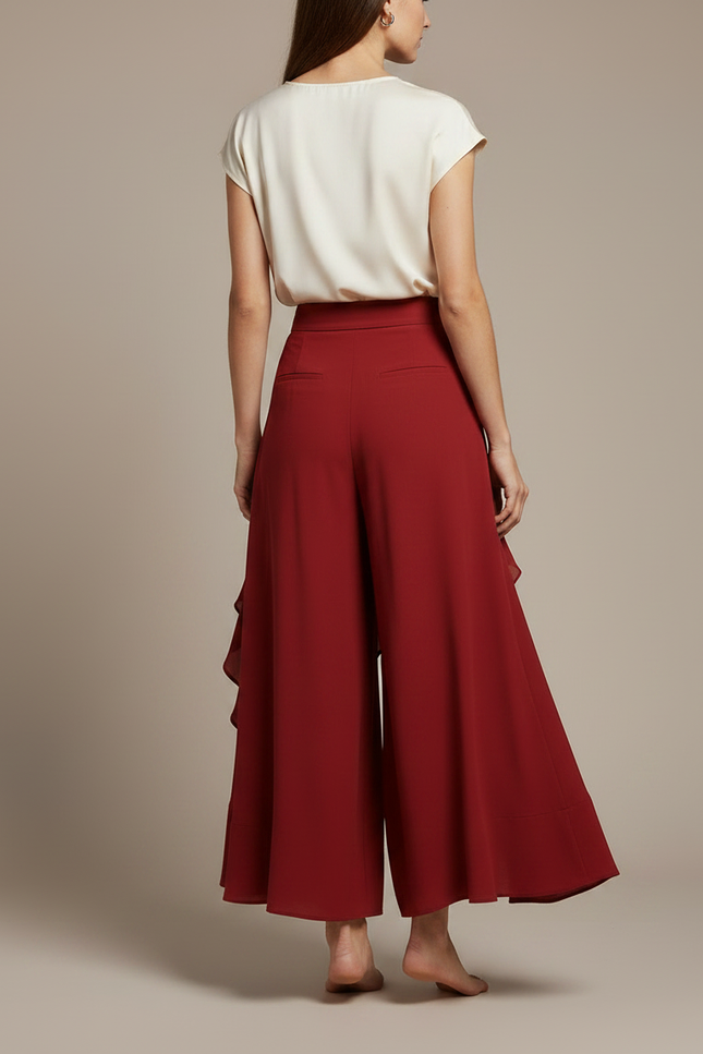 Pantalon Jupe Rouge Fluide Volants Ceinturé Élégant - Bordeaux Viscose - vue 2