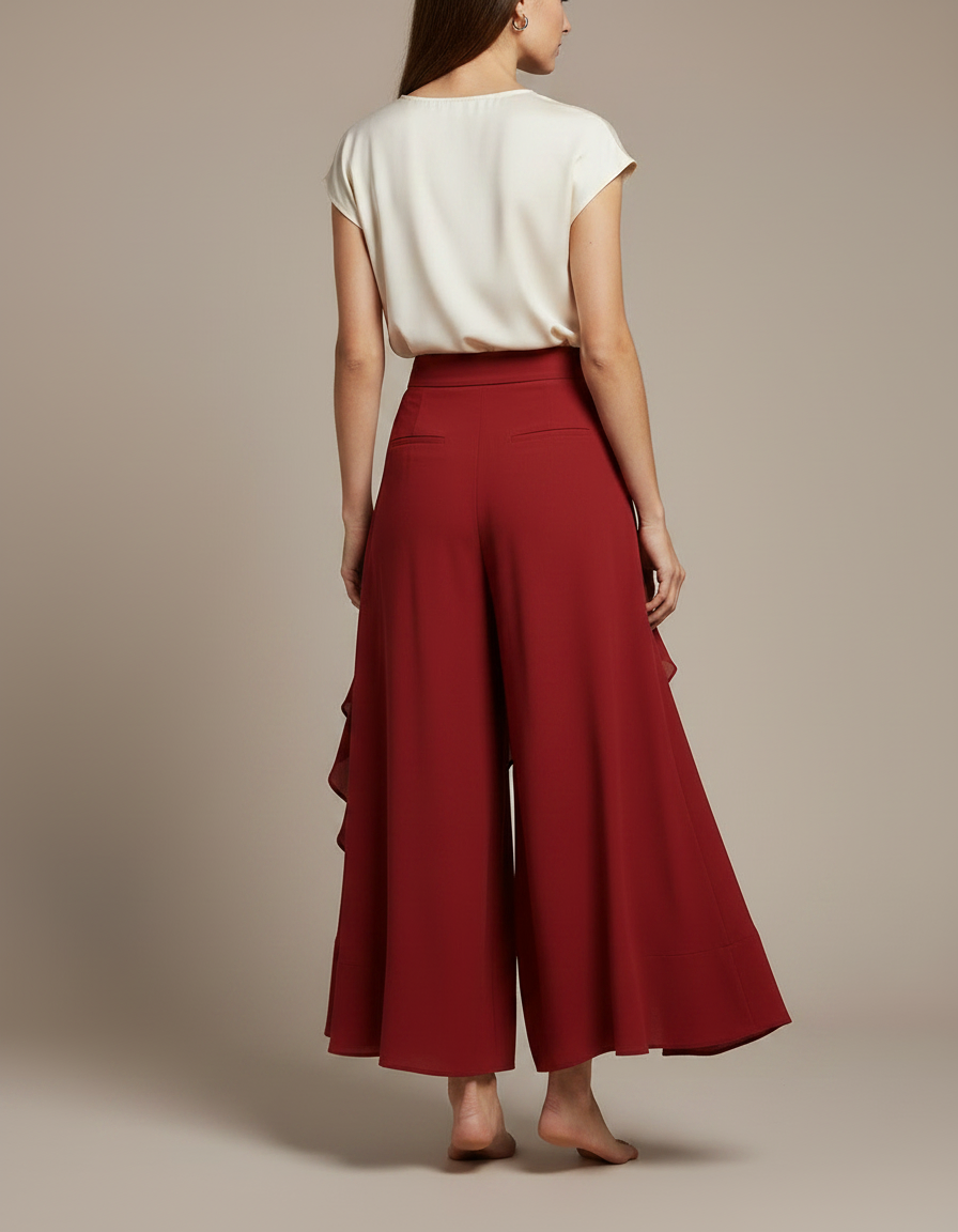 Pantalon Jupe Rouge Fluide Volants Ceinturé Élégant - Bordeaux Viscose - vue 2