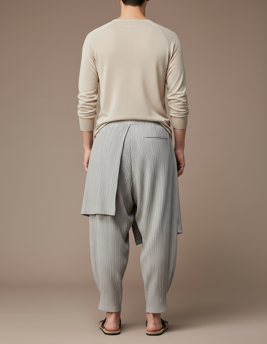 Pantalon Jupe Gris Plissé Drapé Ample Homme - Maille - vue 2