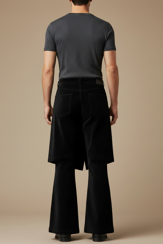 Pantalon Jupe Noir Velours Évasé Superposé Homme - vue 2