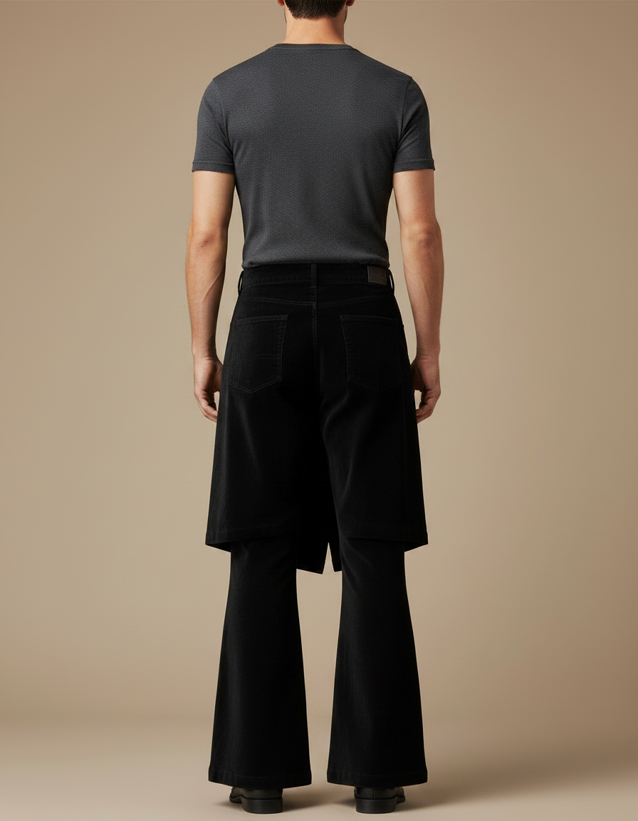 Pantalon Jupe Noir Velours Évasé Superposé Homme - vue 2