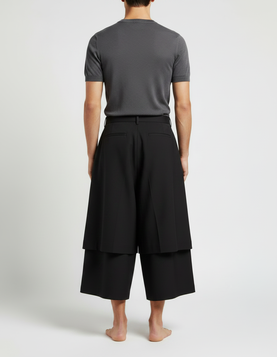 Pantalon Jupe Noir Plissé Ample Décontracté Homme - Gabardine - vue 2