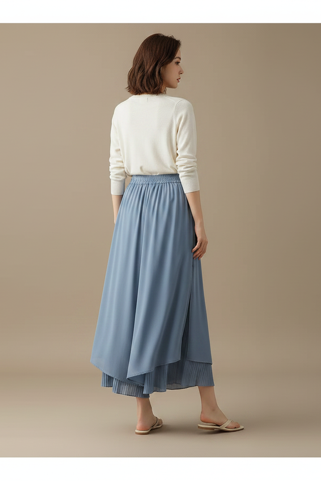 Pantalon Jupe Bleu Chiffon Plissé Ample Fluide Élégant - Polyester - vue 2