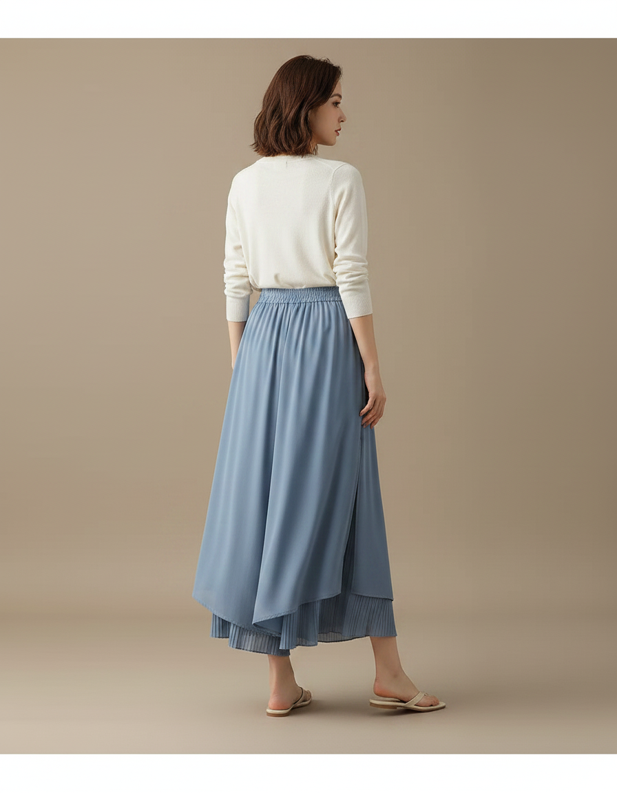 Pantalon Jupe Bleu Chiffon Plissé Ample Fluide Élégant - Polyester - vue 2